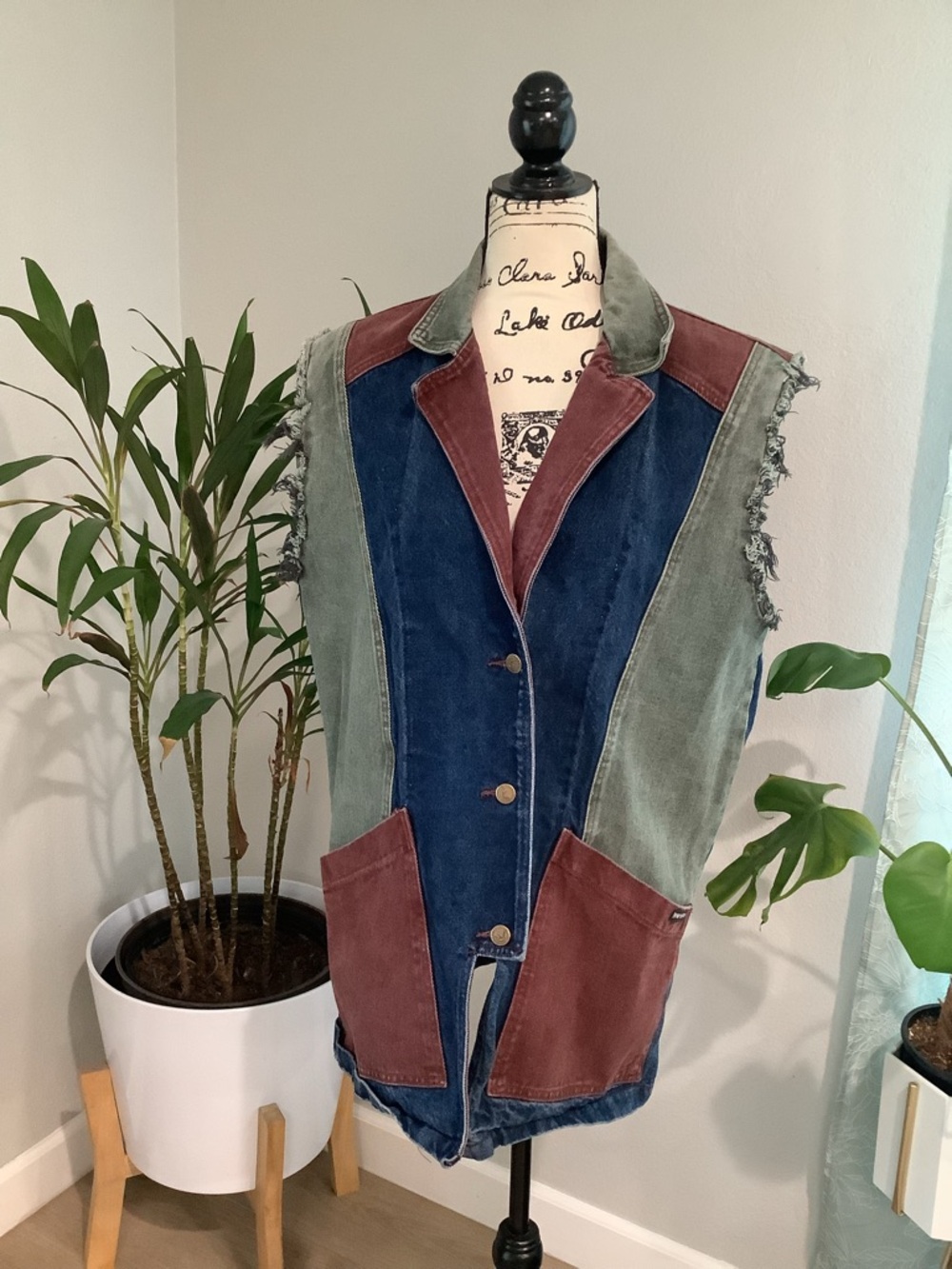 Vintage 1980s Colorblock Sleeveless Denim Vest in Blue, Olive & Rust